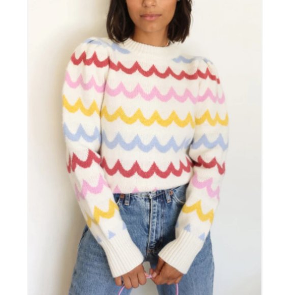 Greylin Rainbow Wave Sweater Girly Whimsical Cozy Coastal Puff Shoulder Sleeve-M - Picture 1 of 16